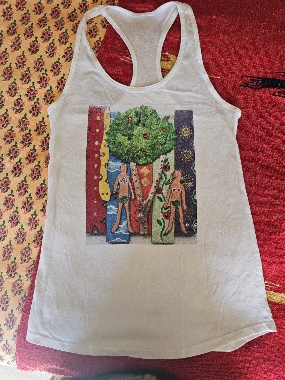 White Cotton Racerback Tank Top with Adam And Eve Art  S